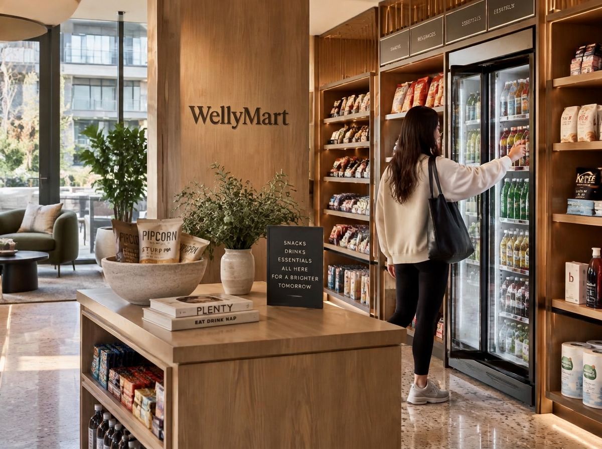A resident picking up a drink from a WellyMart mini market in a modern apartment lobby