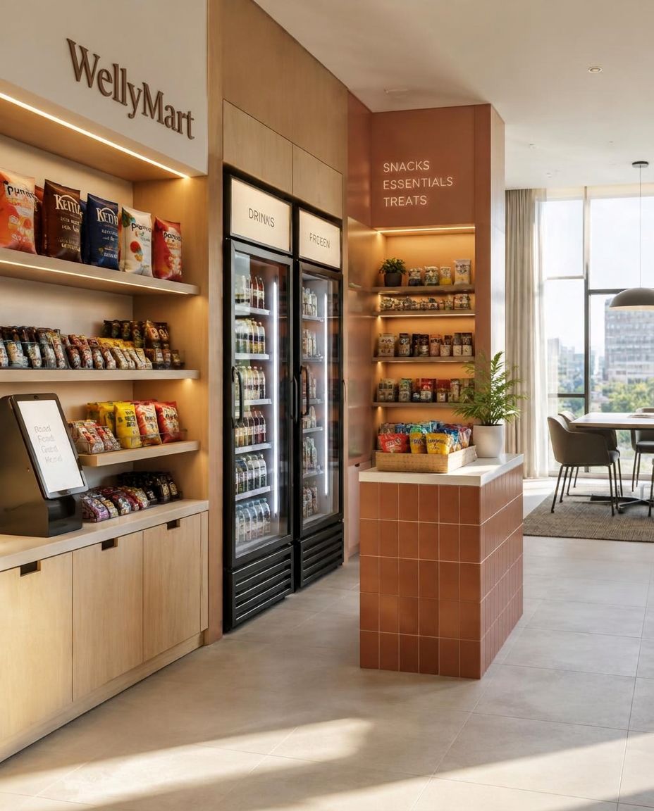 Bright market corner on an apartment amenity floor