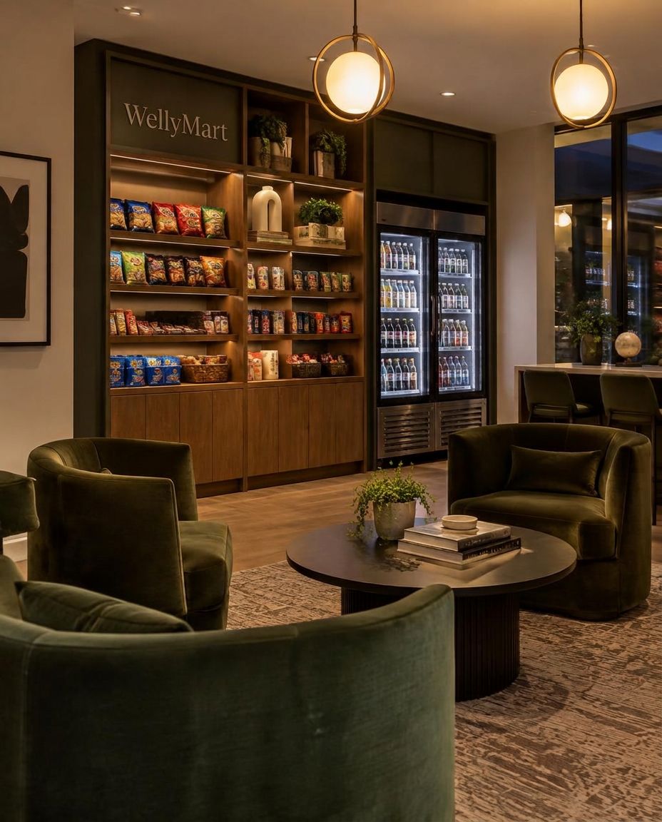 Market shelving beside lounge seating in an apartment building